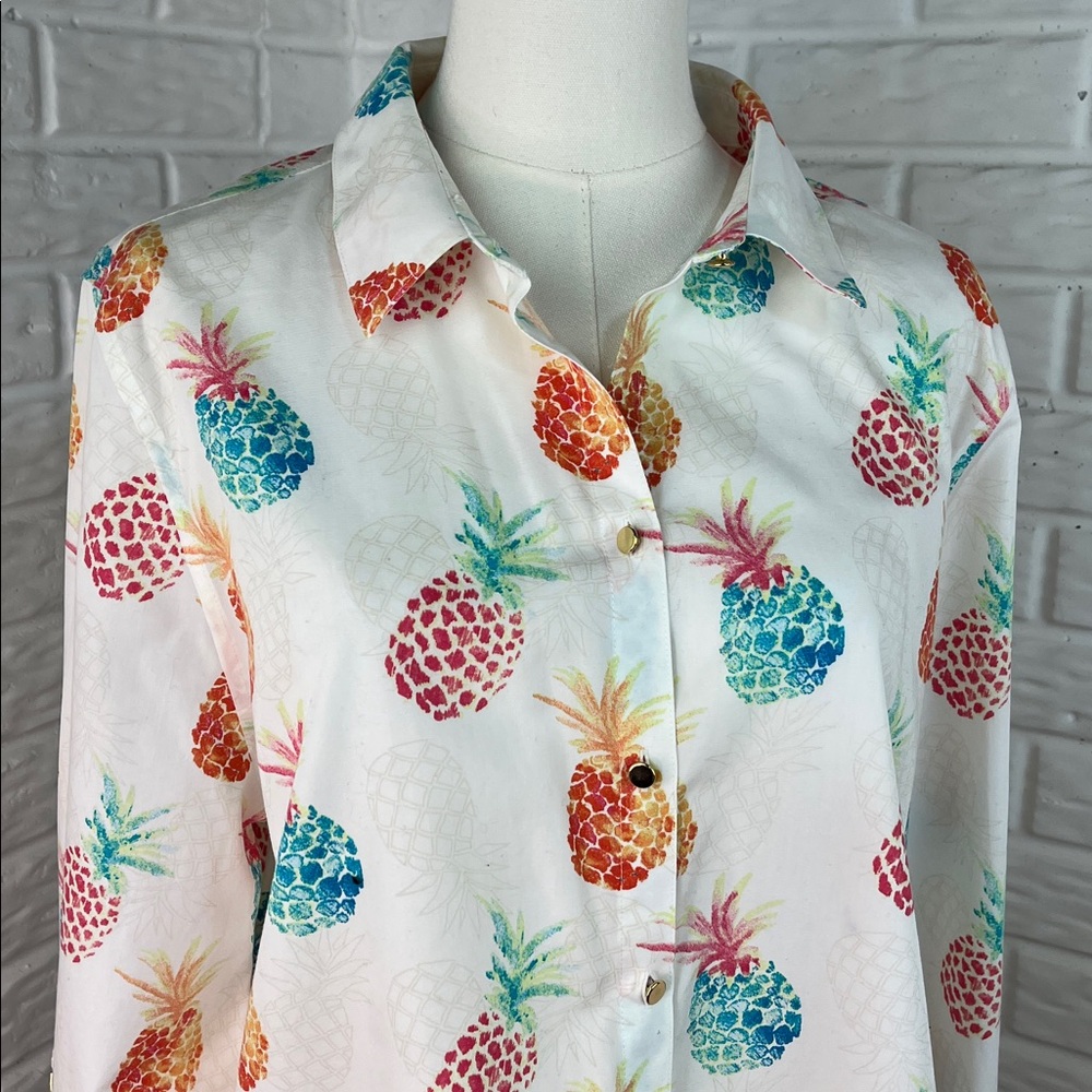 CHICO’S PINEAPPLE BUTTON UP NO IRON BLOUSE GOLD BUTTONS ROLL UP SLEEVES SZ 3 - Picture 3 of 11